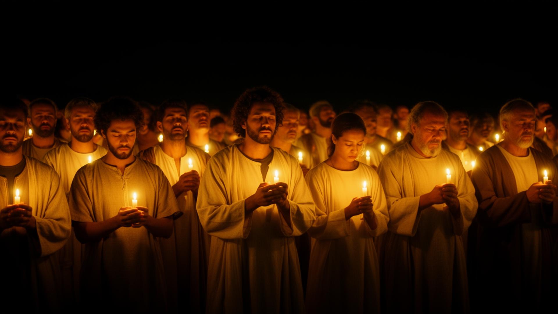 Worldwide community of believers praying together with candles