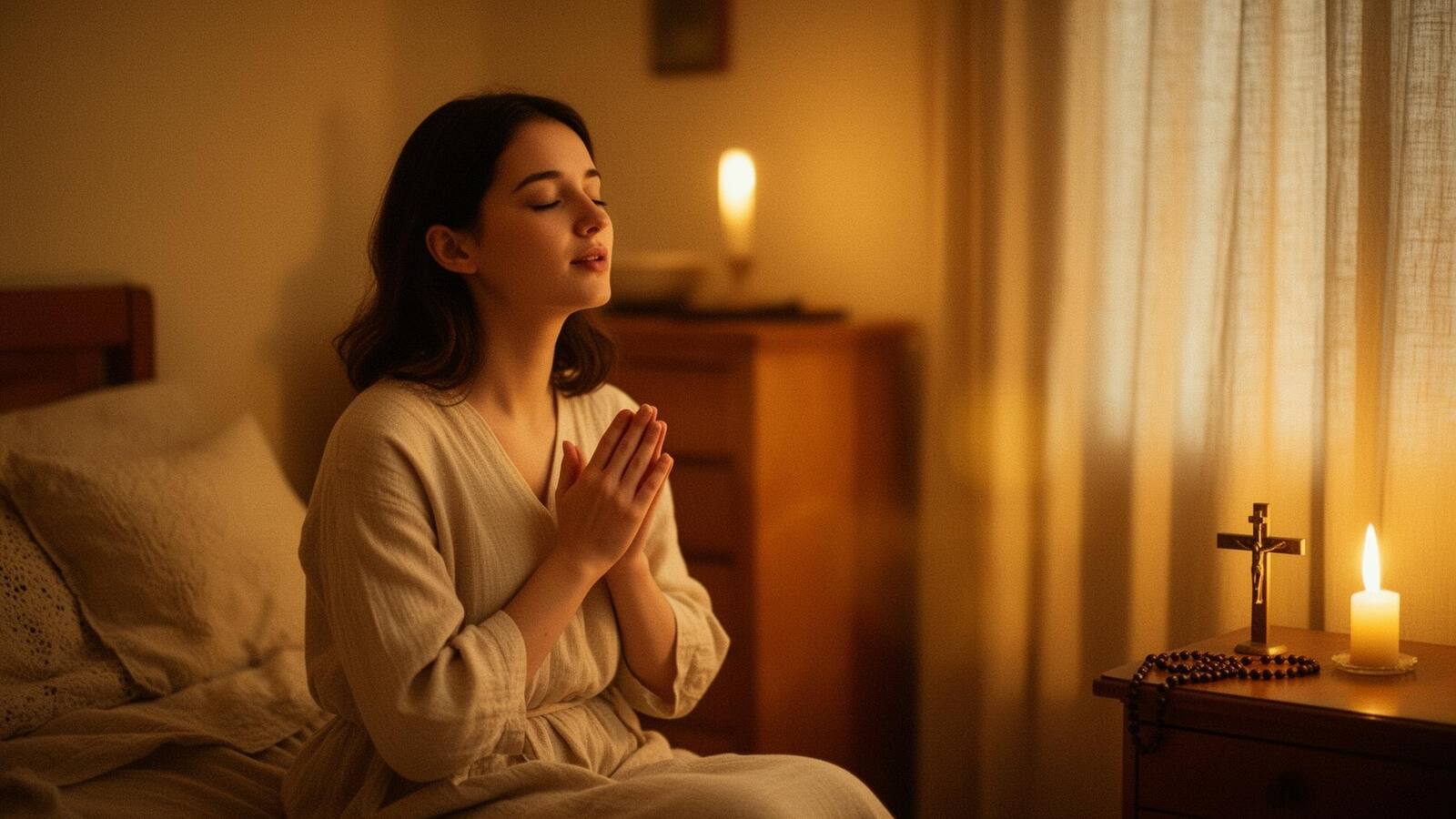Young woman in prayer and sacred listening in the quiet of her home